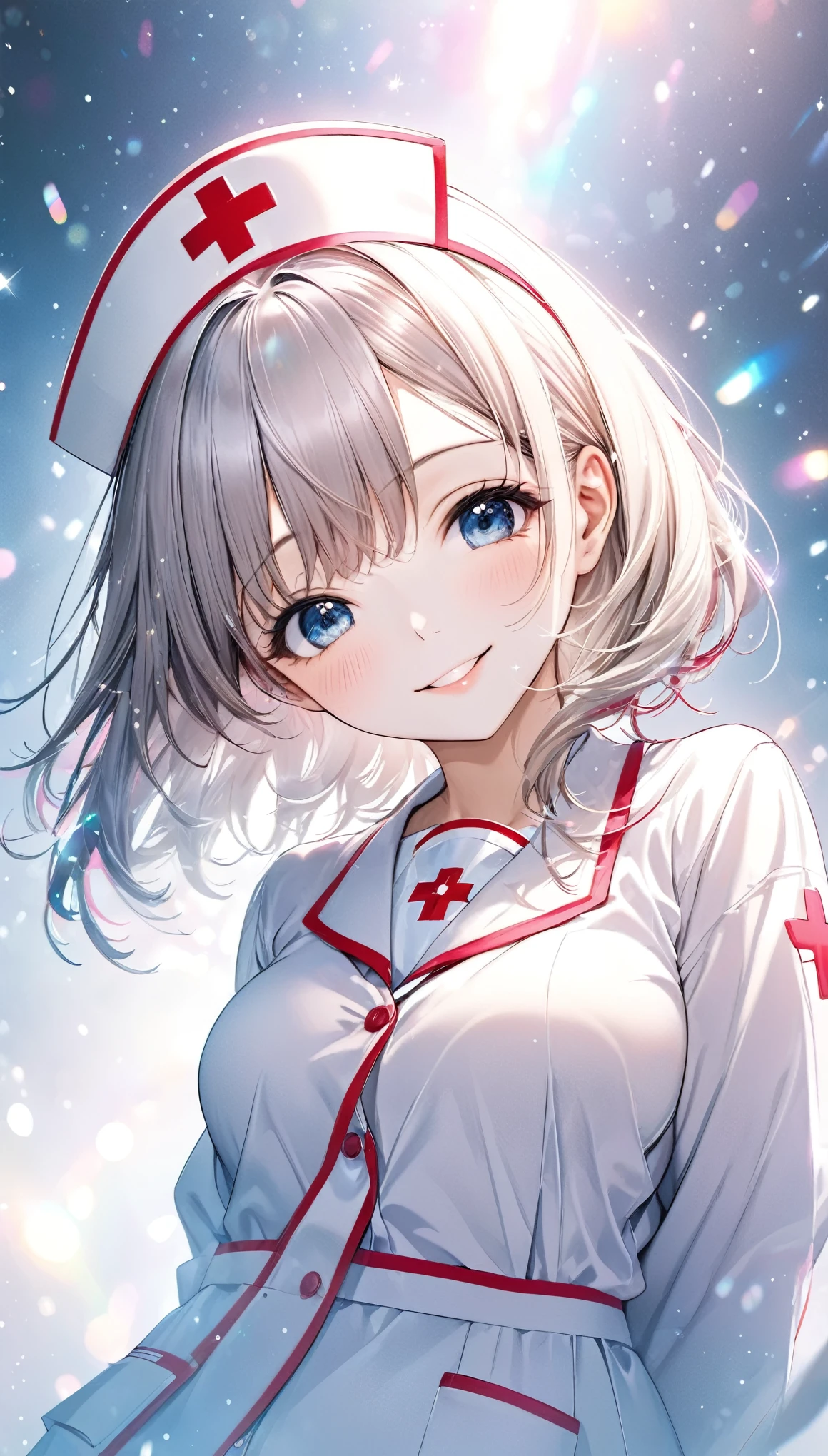 from below, kind and beautiful nurse, cool face, shy smile, excellent proportions, wearing loose cardigan over nurse uniform, glitter effects, foggy effects