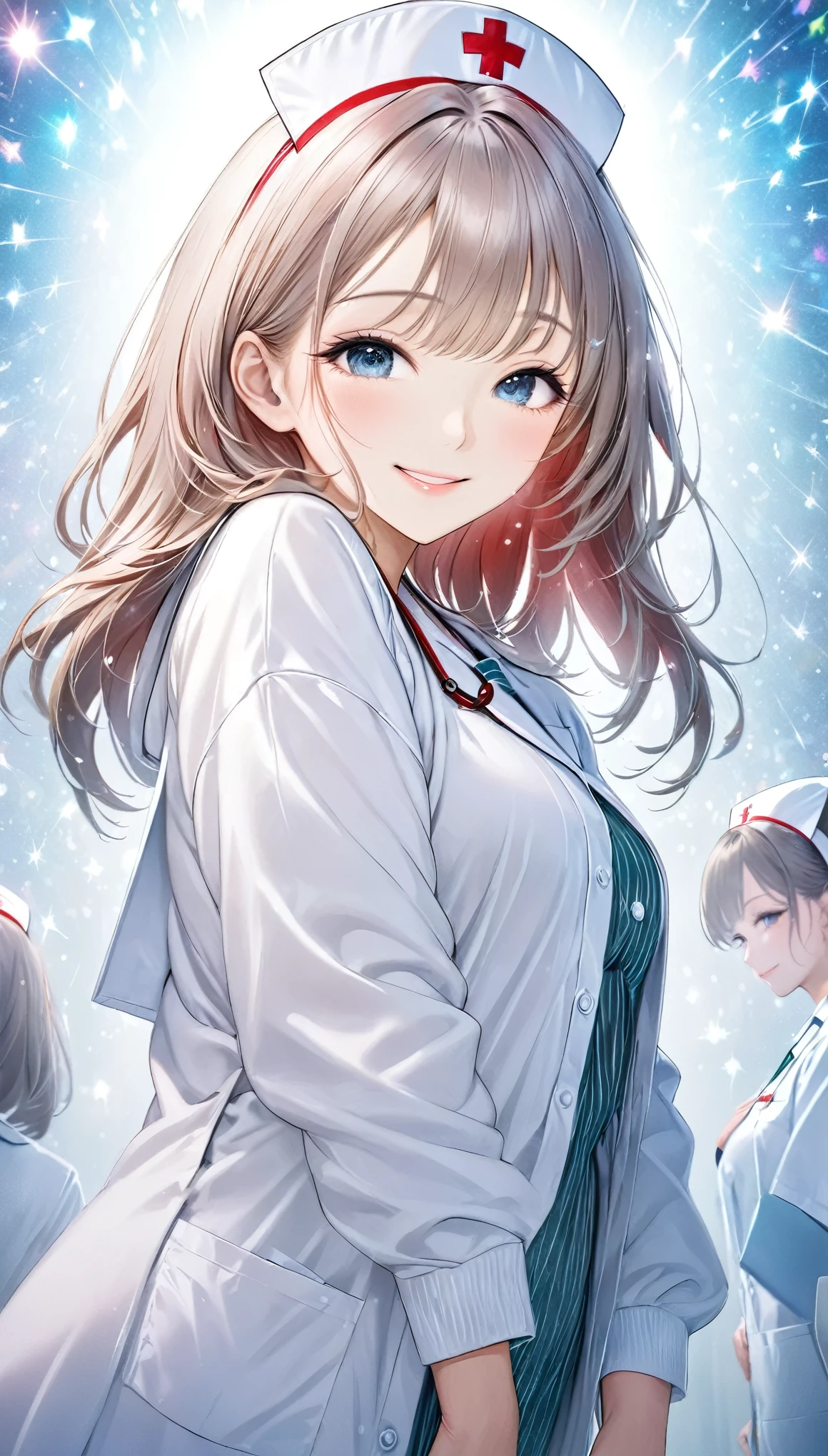 from below, kind and beautiful nurse, cool face, shy smile, excellent proportions, wearing loose cardigan over nurse uniform, glitter effects, foggy effects