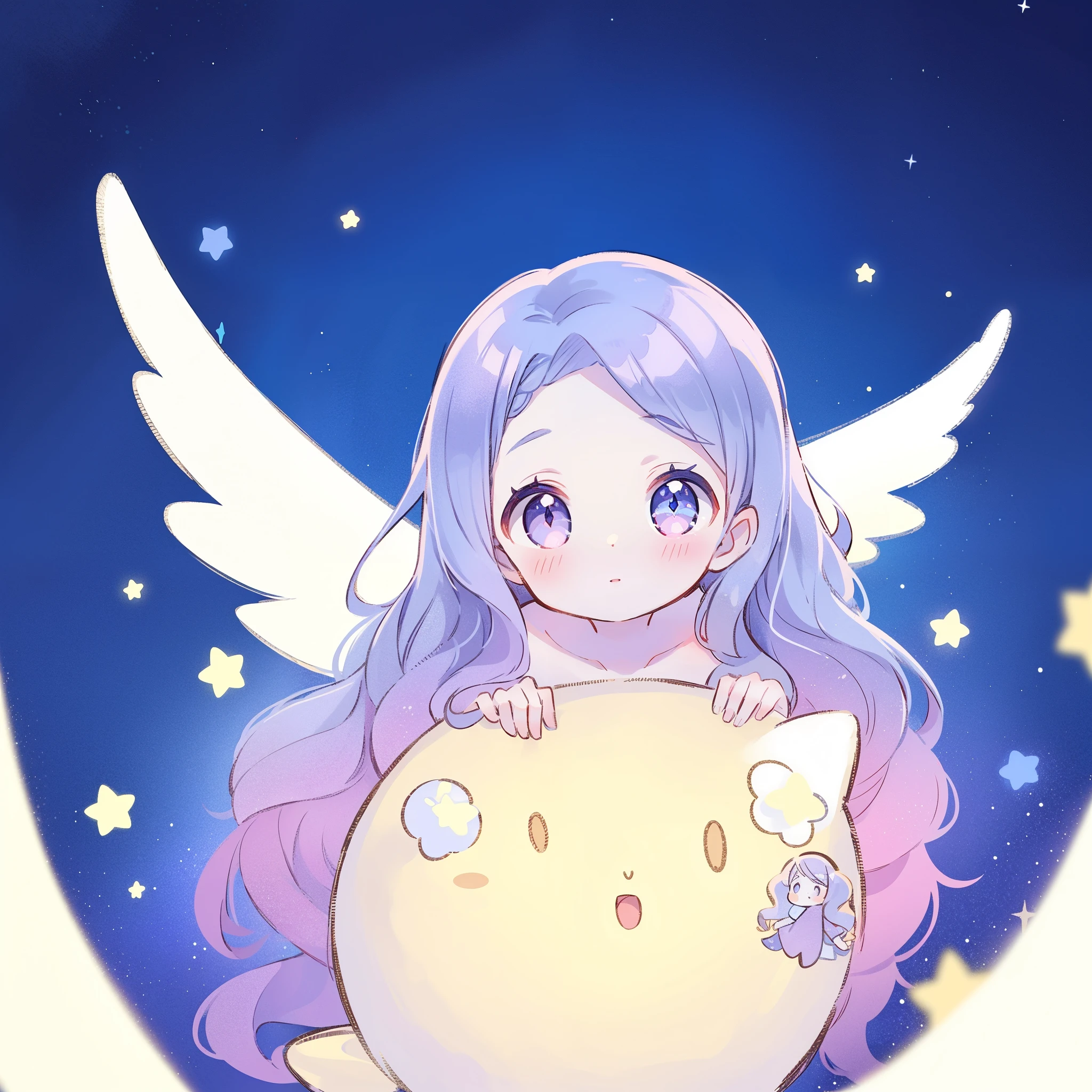 nude angel girl wearing an ethereal translucent dress, pale skin, ((wavy gradient blue purple hair)), white feathers, angel wings, sparkling detailed eyes, golden ratio face, perfect composition, highly detailed, ethereal, (starry night sky background), midjourney style