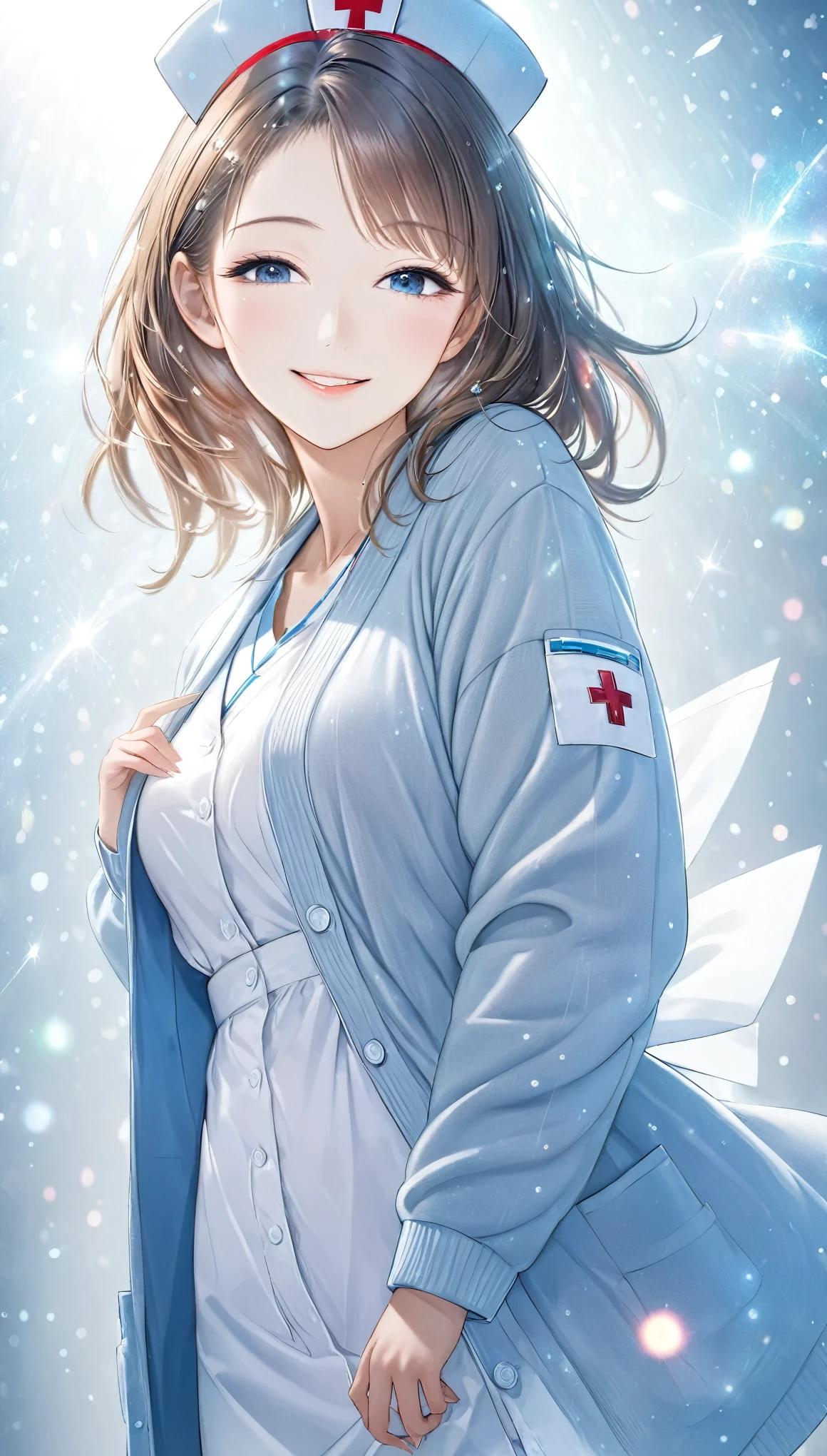 from below, kind and beautiful nurse, cool face, shy smile, excellent proportions, wearing loose cardigan over nurse uniform, glitter effects, foggy effects