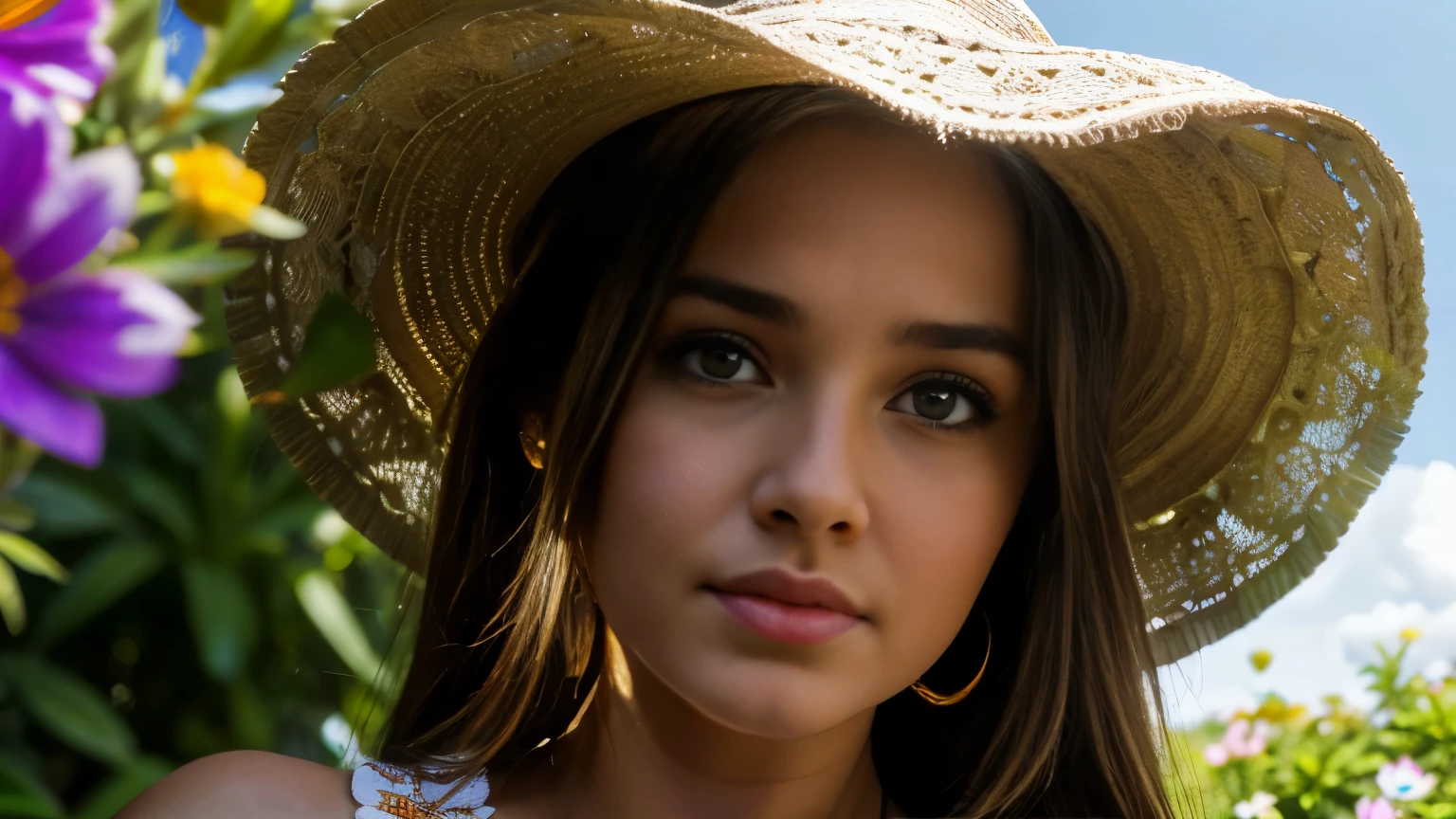 Melissa sue anderson, gypsy girl,masterpiece:1.2 - (best quality) (detailed) (intricate) (8k) (HDR) (wallpaper) (cinematic lighting) (sharp focus), happy, 20 years old girl, break, upper body, closeup, break, garden flowers
