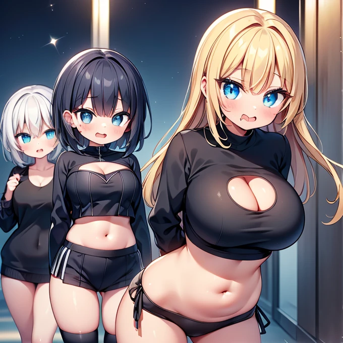 (Cute eyes:1.3), (Sparkling eyes:1.3), Highest quality,wonderful,finely,Highly detailed CG Unity 8k wallpaper, (Stand in line:1.2), (Three Girls, Cute eyes, Black Hair, blue eyes, (Dark Skin:1,2), Dressed), (Black sweater:1.1),  (Skinny body:1.3), (Huge breasts), (Cleavage cutout:1.4) ,(Crop Top Belly Button:1.4), (Open your mouth:1.1), (Long Tongue:1.1), (Drooling from the mouth:1.1), (Black knee socks:1.1),(Thighs:1.2),(Waistline:1.2)