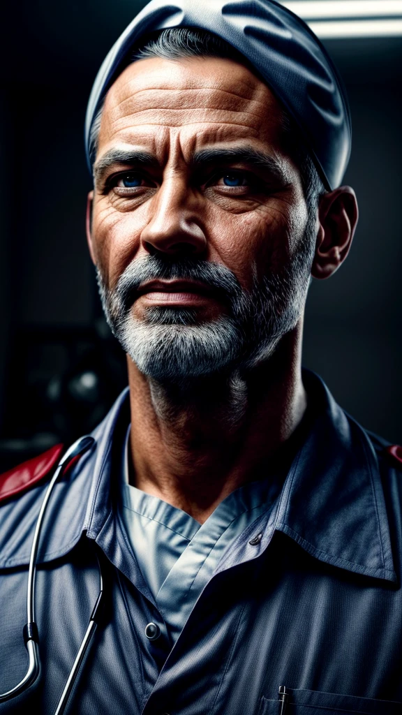 a middle aged male nurse takes care of meals, detailed portrait, beautiful detailed eyes, detailed realistic skin, detailed facial features, detailed realistic hair, medical uniform, professional medical equipment, warm lighting, cinematic composition, dramatic lighting, photorealistic, 8k, high quality, masterpiece, digital painting