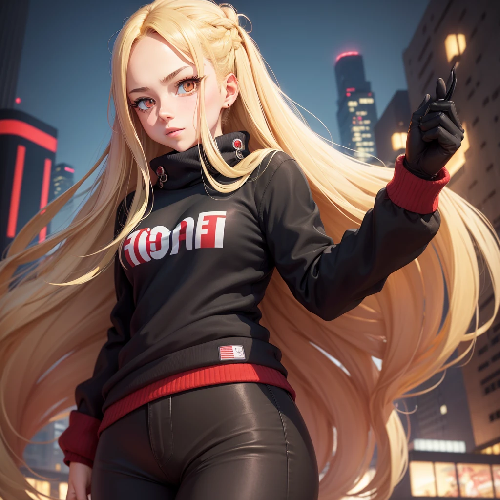masterpiece, high quality, perfect face, high texture, 1 girl, 1 person, cheered up, My Hero Academia, long blonde hair, Red eyes, timide way, black sweater, Black pants, background of a city
