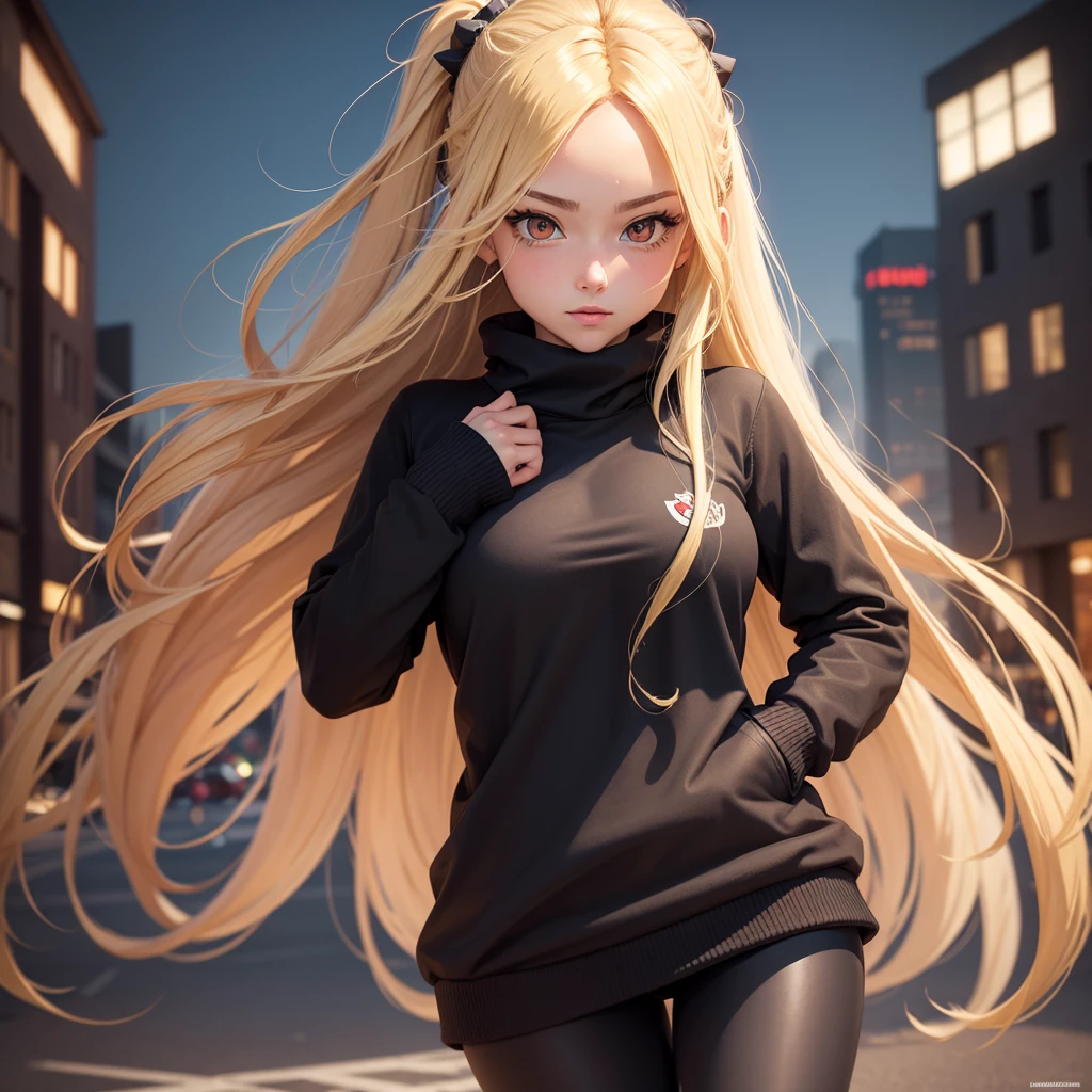 masterpiece, high quality, perfect face, high texture, 1 girl, 1 person, cheered up, My Hero Academia, long blonde hair, Red eyes, timide way, black sweater, Black pants, background of a city