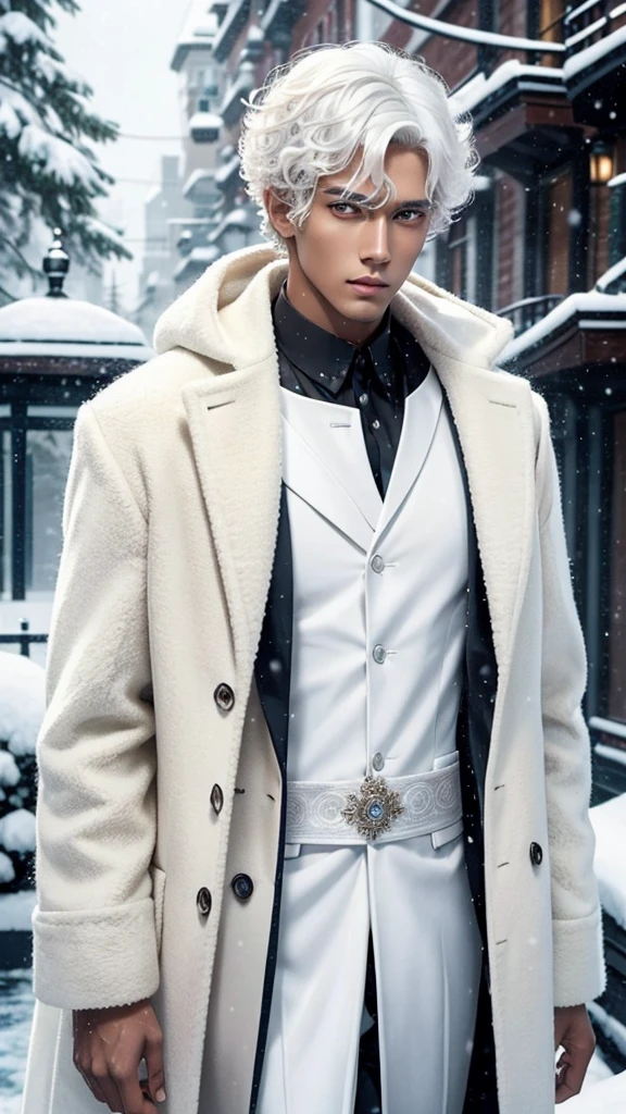A tall man with a beautiful angelic face, He has short, curly white hair that reminds him of a snowy afternoon., He has a mysterious appearance with beautiful dark skin.