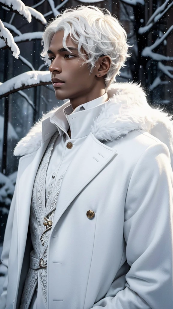 A tall man with a beautiful angelic face, He has short, curly white hair that reminds him of a snowy afternoon., He has a mysterious appearance with beautiful dark skin.