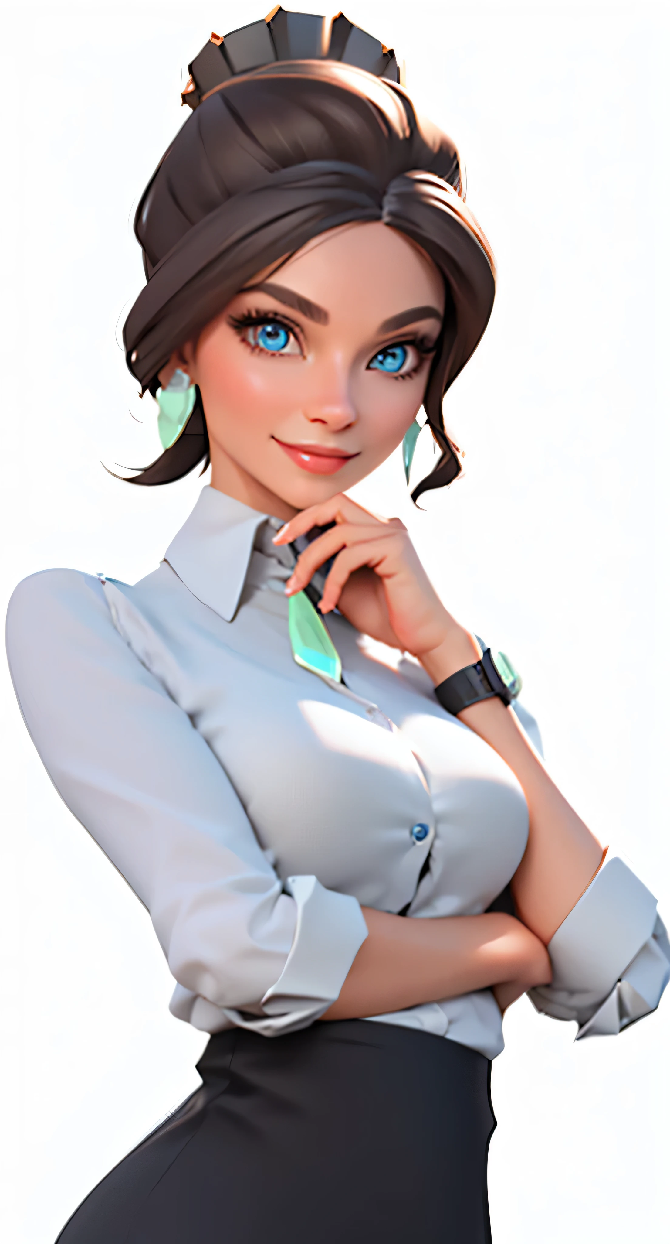 masterpiece, best quality, 3d rendering work, 3dMM style, close up, portrait, 3d, Serious and beautiful secretary,Beautiful Skin,Secretary outfit, light colored eyes, sweet smile,