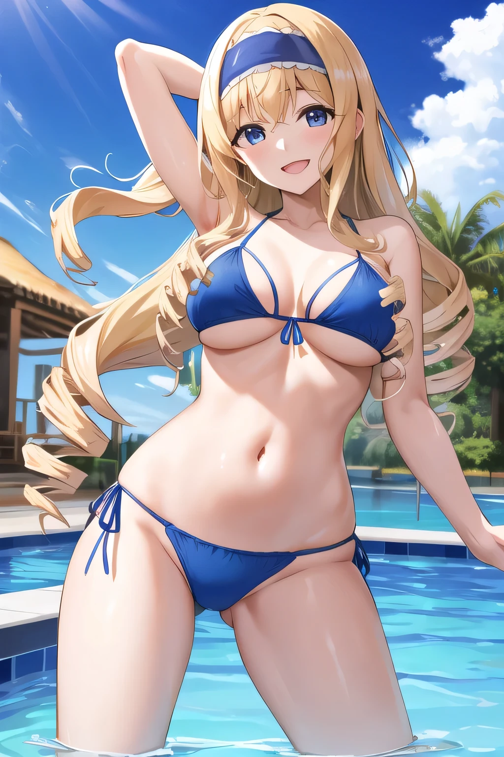 masterpiece, Highest quality, High resolution, Asecilia, Long Hair, Curly Hair, Drill Hair, Blue Hairband, Blue Bikini, pool, smile, Open your mouth, Are standing