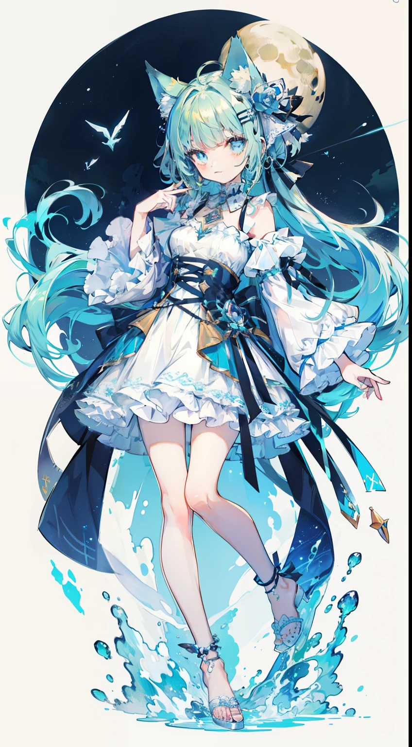 ((Tabletop, Highest quality:1.1))、8k、(Full body standing pose)、Beautiful girl with green hair,curly,Disheveled Hair,Cat ears, White Dress,A deep blue gemstone is set in the chest........,barefoot,Put a blue ring on your ankle,(Holds blue gemstone wand perfectly),Behind him is a shooting star in the night sky々is spreading,The moon is in the sky、With a smile