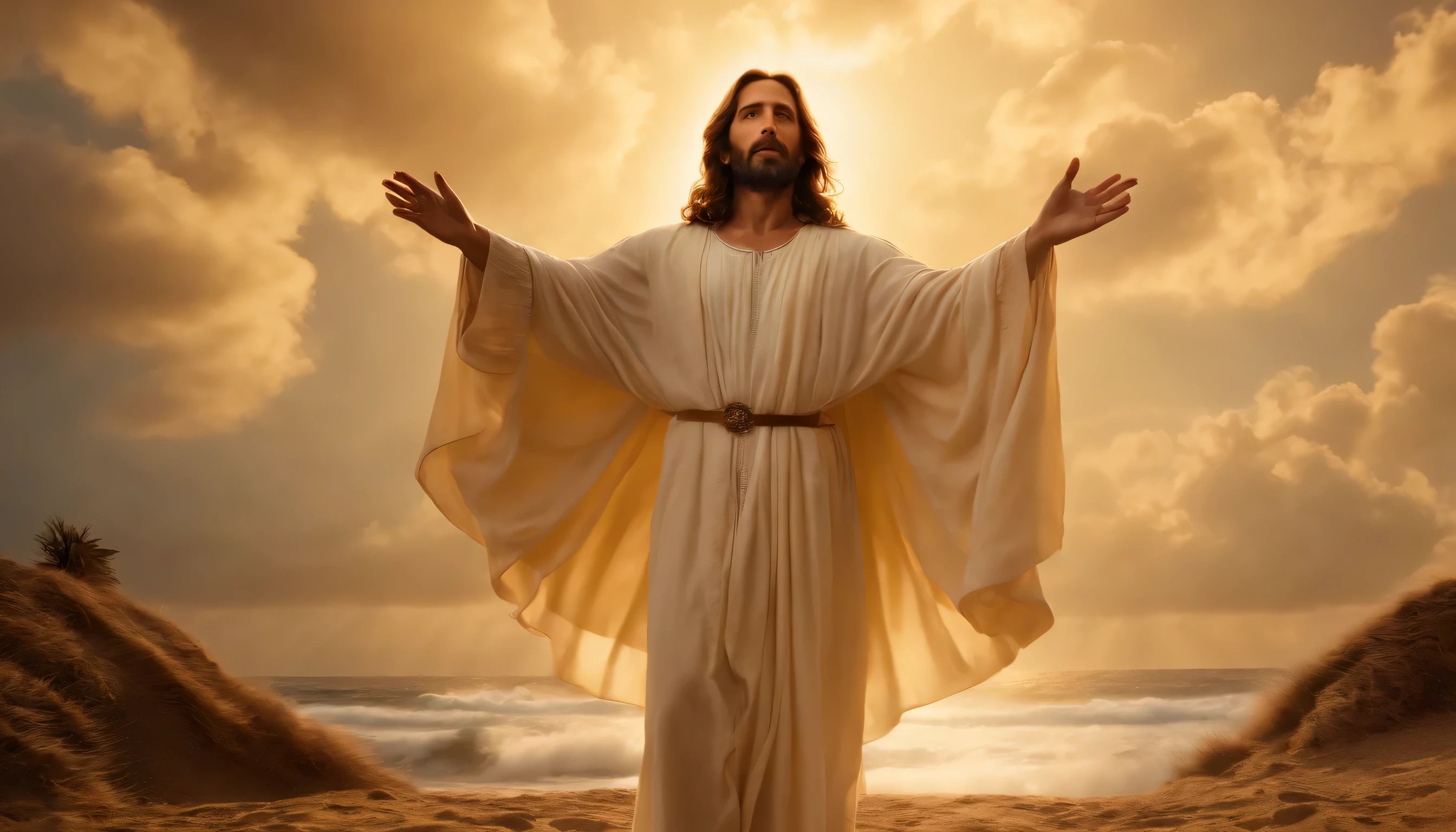 (Des hauts,partie maîtresse:1.2),portrait détaillé de Jésus-Christ descendant du ciel, bras ouverts au milieu des nuages parmi les anges jouant de la harpe sur la plage,Portraits,Réaliste,éclairage doux et doré,tons de couleurs chaudes,vagues scintillantes,atmosphère céleste,traits du visage détaillés,aura sacrée,expression sereine,vêtements sacrés,bras tendus,Halo,Ailes angéliques,composition harmonieuse,Paysage paisible et divin,palmiers verdoyants,côte sablonneuse,lueur éthérée,les rayons du soleil traversent les nuages