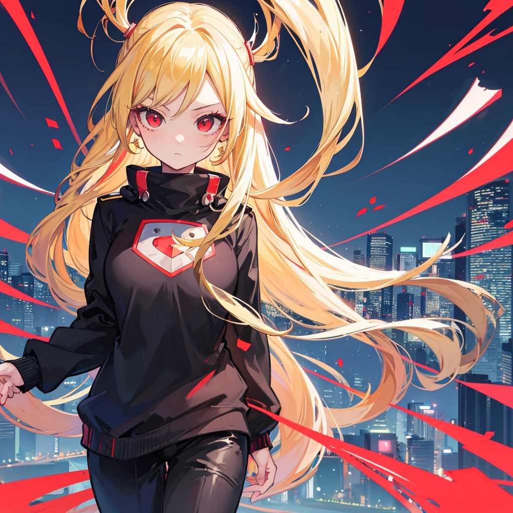 masterpiece, high quality, perfect face, high texture, 1 girl, 1 person, cheered up, My Hero Academia, long blonde hair, Red eyes, timide way, black sweater, Black pants, background of a city 