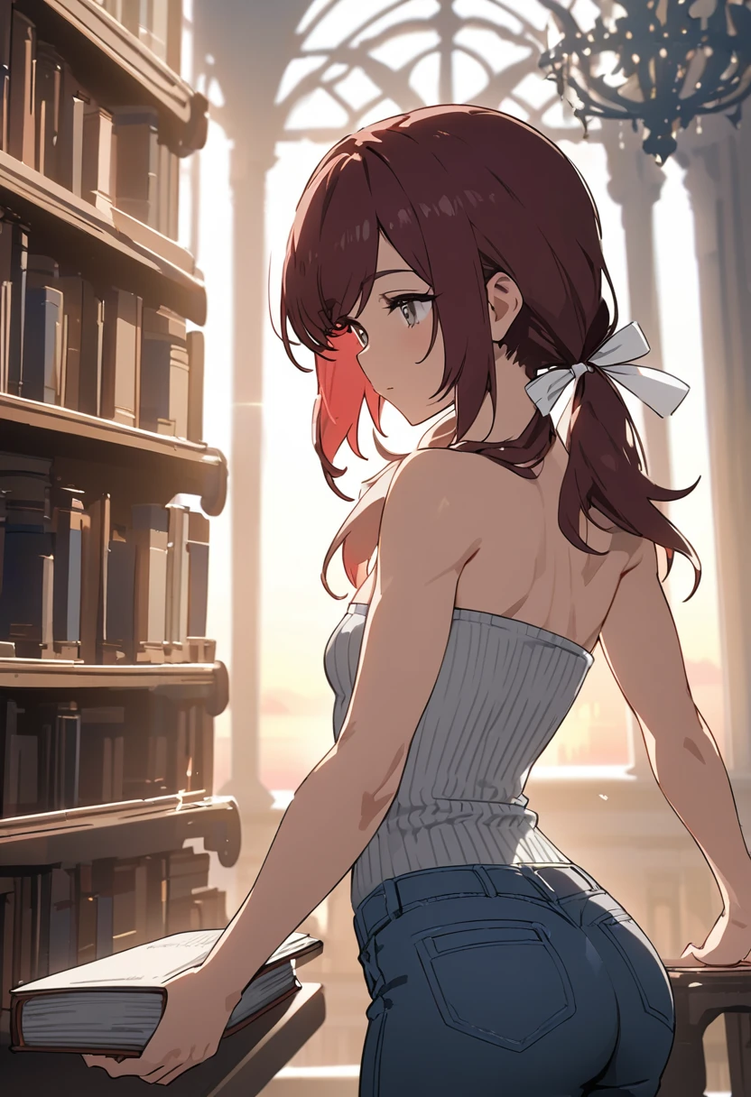 (masterpiece, best quality), solo, cel shading, solid outline, ultra detailed face, rim lighting, 1girl, from behind, stoic, reaching for book, from side, beautiful face, Gray eyes, Dark red hair, swept bangs, low twin tails, white ribbons, ribbed gray strapless shirt, jeans, small breasts, toned arms, library, potted pants, chandeliers, balustrade, windows, sunset,
