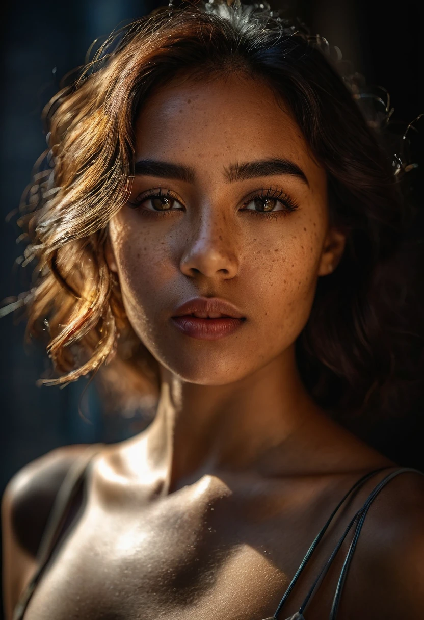 photo full body a wom 23 yeras, (Speckled shadows:1.2), (Enchanted gaze:1.1), (contrast oF light and texture:1.2), Artistic interplay, (Detailed iris:1.1), Sony α7R IV, 1/320th era, F/2.8, ISO 400, (Enigmatic expression:1.2), (Highlighted Facial contours:1.1), (Intimate Portrait:1.2), RAW File Format, (Visual Rhythms:1.1), (Intrinsic Contrast:1.2).