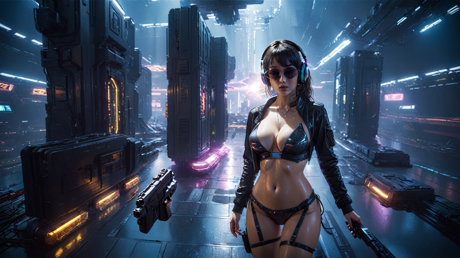 (((aerial view))), Blade Runner style futuristic cyberpunk 2077 flying vehicle docking platform, neon lights, at night. ((1girl, solo, alone)), large-breast:1.2 slim body, cleavage:1.1, sexy lingerie with wet jacket, headphone, (black sunglasses), (((she raised a pistol:1.8 and shot:1.8 the viewer))), dynamic pose, (((half-body thigh level medium shot))), cinematic lighting, lens flare, ray tracing, fisheye lens.