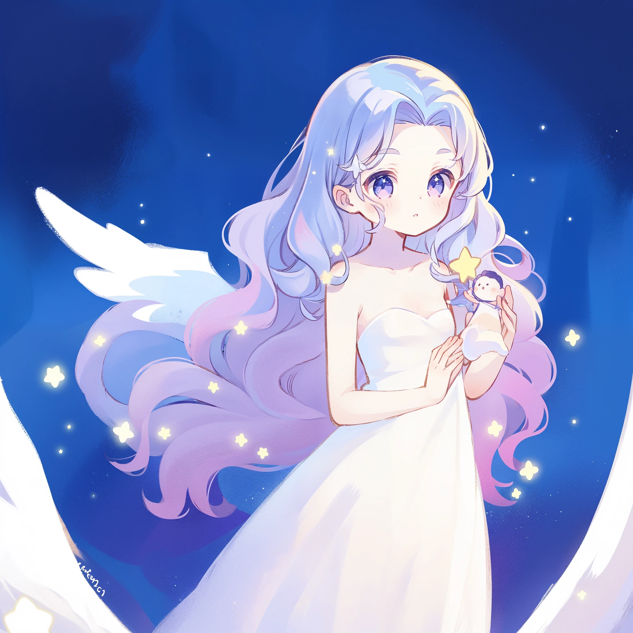 nude angel girl wearing an ethereal translucent dress, pale skin, ((wavy gradient blue purple hair)), white feathers, angel wings, sparkling detailed eyes, golden ratio face, perfect composition, highly detailed, ethereal, (starry night sky background), midjourney style