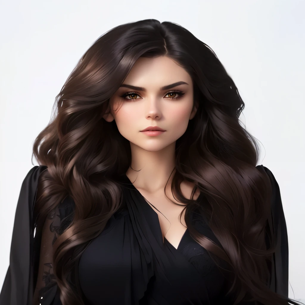 a close-up of a woman with long hair and a black dress, Nina Dobrev, official photo, inspired by Nina Petrovna Valetova, inspired by Elena Guro, promotion still, solo photo shoot, still promotional, smoldering, dark brown hair, dark brown hair,