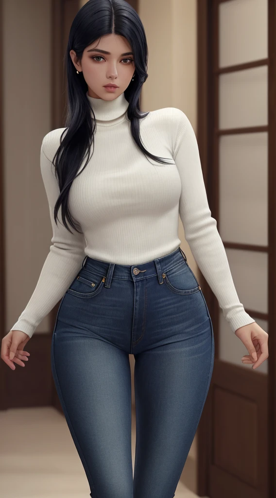 or_Shameless_Sg, orlhando para o visualizador, (Black turtleneck, blue denim jeans), Beautiful perfect body, high resolution, work of art, perfect lighting, blossom, cinematic lighting, kkw-ph1,