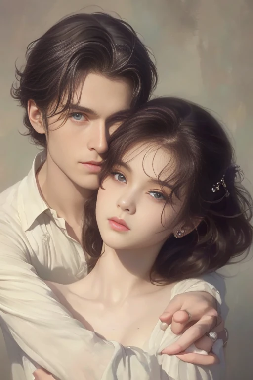 High-quality images of couples: blond man (Tall、Statue-like、Handsome and、Brave young man、Blue eyes、Curly golden hair、Wearing a grey antique military uniform) A woman with black hair (long straight black hair、Long Bangs、Blackberry eyes、A beautiful young femme fatale、naked、PRİNCESS、Hugging。They are in love with each other。Created by Boris Vallejo「Ideal Anatomy」The sketch of、It is characterized by being very detailed.。masterpiece、Detailed study of the face、Beautiful Face、Features of Beautiful Face、Perfect Image、Realistic shots、Detailed study of the face、Full body image、8k、Detailed Images、Highly detailed illustration、A true masterpiece of the highest quality、Careful drawing。Bare Skin、Gown and naked watercolor、

黒のパンティ、