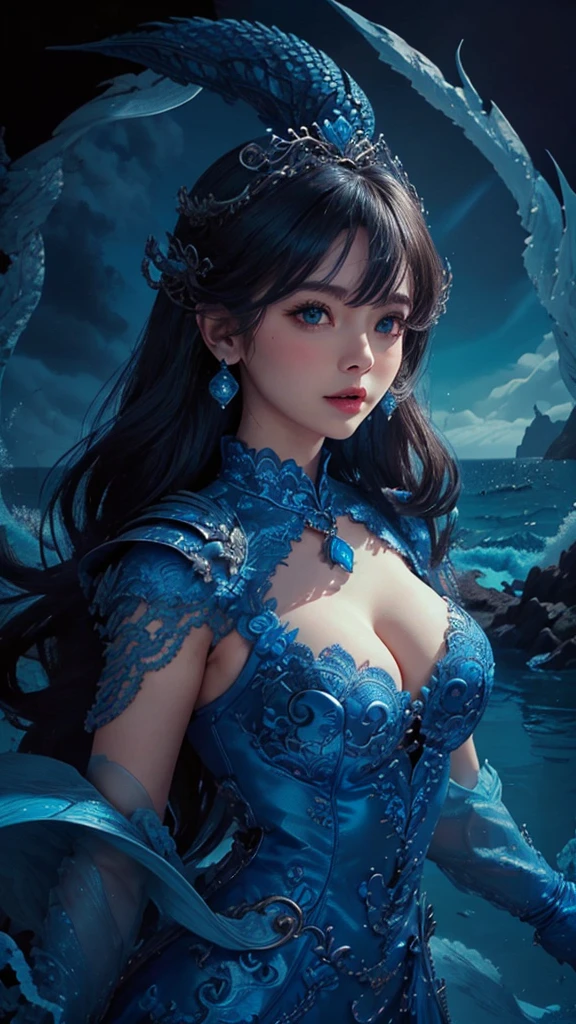 fair, elegant, Mild, Eastern, aldult (woman), curls (blue), face shape (charm) Sexy (Little mouth), Dragon Horn (blue), Large Breasts (Cleavage), Dragon scale armor ( blue), Ocean,