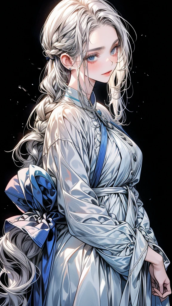 One Beautiful girl、unique long hairstyle 、 silver hair color , blue eyes、small face、anime makeup、"A girl with a cute and androgynous face"、white skin、cute eyes、Very thin eyebrows、plump body, mature woman, big breasts, sexy, tall, knights outfit , outfits 、、19 years old、British girl、Has a languid look、anger、Lower the corners of your mouth with no expression on your face、Photographed from the side diagonally、model photoshoot、masterpiece、highest quality、high resolution、luxurious 、glaring expression、korean makeup 、Cool photos、blurred black filter, arms tattoos、Various poses、