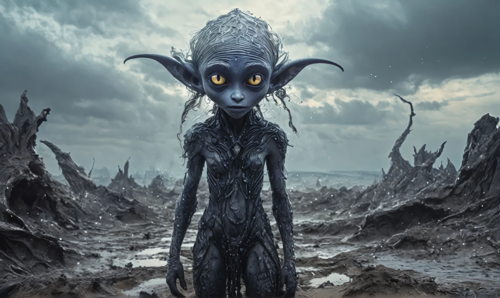 pretty face,eyebrow up,full body length shot,obsidian elf,full body length shot,very beggar niobium graphite The Alien Entity, babychild, wants eat,full body shot, of psychedelic style ,The iris looks weird, attractive, The stars in space is reflected in the pupil, goose down eyelashes, long wavy luminescent hair,insane baggy clothes,view from height,full-body-shot,High contrast,Masterpiece,Realistic,Ultra Detailed,intricate details,realistic humid skin,extremly intricate,realism,photorealism, cinematic style,irina yermolova,HDR,((Wangechi Quality)),ominous landscape,glate gray atmosphere,by art Simon Stalenhag,Nicola Samori,(((Wangechi Mutu))),prime colors,urban,extremely detailed,masterpiece,intricate details,faded,eyes extremely detailed, high detailed eyes,4k resolution,RAW, Nikon Z9,scary town,stalker,goblin,Dubai of United Arab Emirates,Mestichino,Light particles,marble leather ,ink photography ,Mestichino,Light particles,chaos