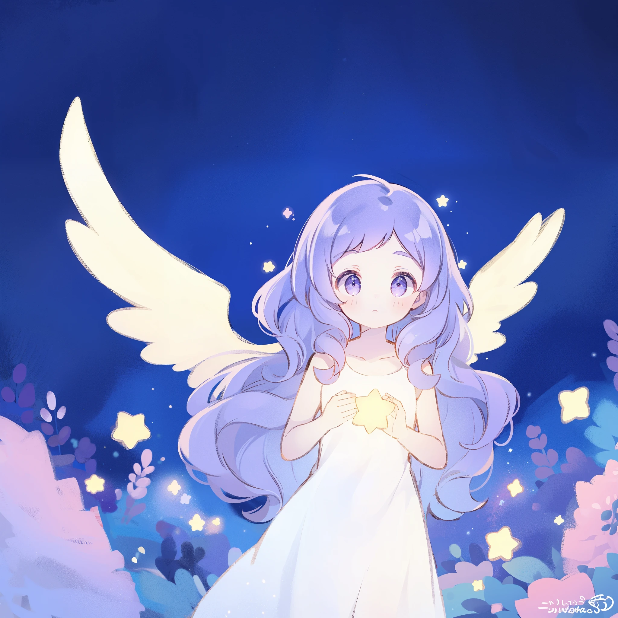 nude angel girl wearing an ethereal translucent dress, pale skin, ((wavy gradient blue purple hair)), white feathers, angel wings, sparkling detailed eyes, golden ratio face, perfect composition, highly detailed, ethereal, (starry night sky background), midjourney style