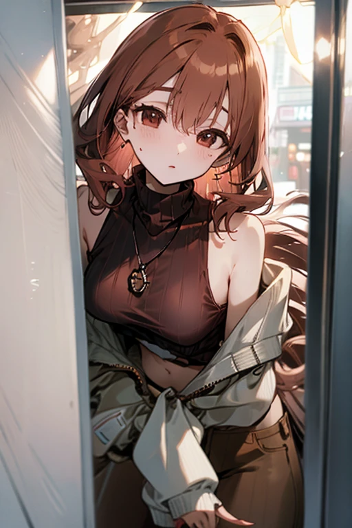 Reddish brown hair、Earrings、necklace、Sleeveless knitwear、Shoulder Bare、turtleneck、sexy、Cowboy Shot、In a crowded train、Disheveled clothing、Office casual fashion、The inner string is visible、Belly button、Asymmetrical design、Tight pants、Off-the-shoulder oversized jacket、Voluminous bob cut、High leg pants、Clothes made of translucent material