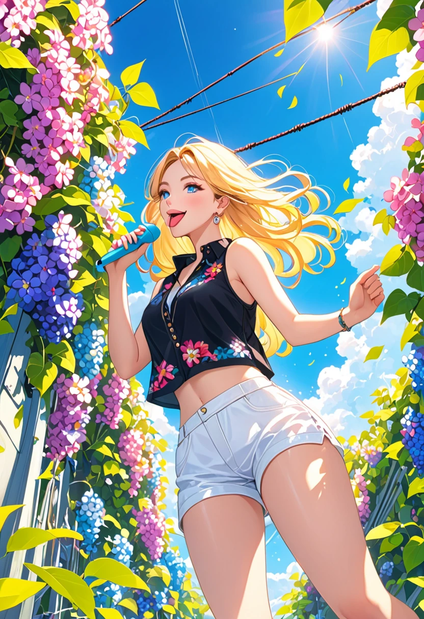 (best quality,Official Art,beautiful and aesthetic:1.2),(Fractal Art:1.2),Official Art,rich and colorful,Colored background,Splash of Color,Perspective,style,magazine cover,
Cher Popsicles,1 Girl,Solitary,Looking at the audience,Smile,blue eyes,Blonde Hair,shirt,Bare shoulders,sit,Shut up,Weaving,flower,outdoor,sky空,shorts,赤foot,sleeveless,sky,cloud,twin Weavings,foot,blue sky空,black shirt,short shorts,Bare Legs,sleeveless shirt,foot趾,leaf,From below,Sunlight,Vest,plant,pink flower,white shorts,grapevine,Power lines,telephone pole,喇叭flower,
(Sticking out tongue:1.3),