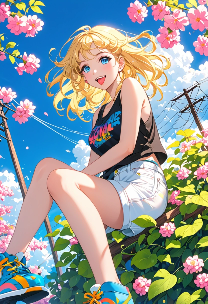 (best quality,Official Art,beautiful and aesthetic:1.2),(Fractal Art:1.2),Official Art,rich and colorful,Colored background,Splash of Color,Perspective,style,magazine cover,
Cher Popsicles,1 Girl,Solitary,Looking at the audience,Smile,blue eyes,Blonde Hair,shirt,Bare shoulders,sit,Shut up,Weaving,flower,outdoor,sky空,shorts,赤foot,sleeveless,sky,cloud,twin Weavings,foot,blue sky空,black shirt,short shorts,Bare Legs,sleeveless shirt,foot趾,leaf,From below,Sunlight,Vest,plant,pink flower,white shorts,grapevine,Power lines,telephone pole,喇叭flower,
(Sticking out tongue:1.3),