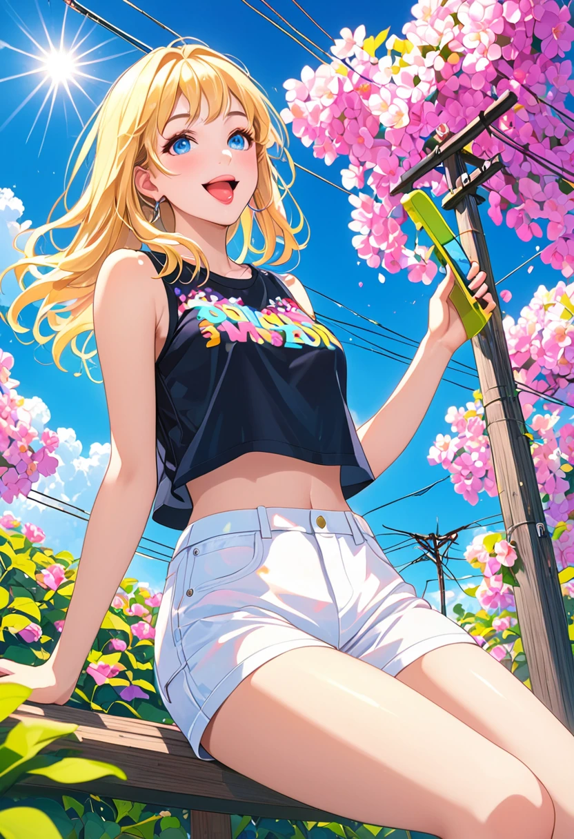 (best quality,Official Art,beautiful and aesthetic:1.2),(Fractal Art:1.2),Official Art,rich and colorful,Colored background,Splash of Color,Perspective,style,magazine cover,
Cher Popsicles,1 Girl,Solitary,Looking at the audience,Smile,blue eyes,Blonde Hair,shirt,Bare shoulders,sit,Shut up,Weaving,flower,outdoor,sky空,shorts,赤foot,sleeveless,sky,cloud,twin Weavings,foot,blue sky空,black shirt,short shorts,Bare Legs,sleeveless shirt,foot趾,leaf,From below,Sunlight,Vest,plant,pink flower,white shorts,grapevine,Power lines,telephone pole,喇叭flower,
(Sticking out tongue:1.3),