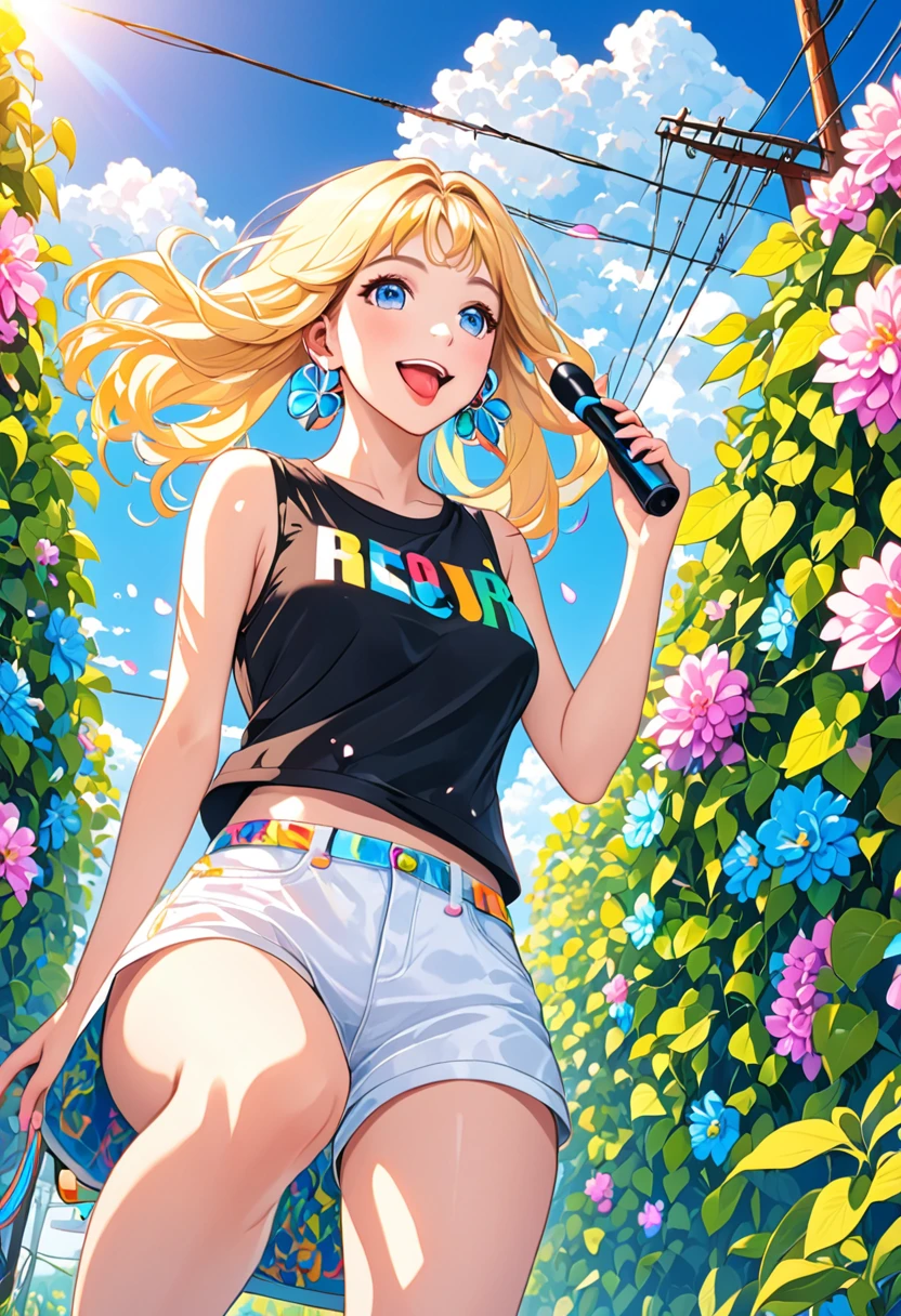 (best quality,Official Art,beautiful and aesthetic:1.2),(Fractal Art:1.2),Official Art,rich and colorful,Colored background,Splash of Color,Perspective,style,magazine cover,
Cher Popsicles,1 Girl,Solitary,Looking at the audience,Smile,blue eyes,Blonde Hair,shirt,Bare shoulders,sit,Shut up,Weaving,flower,outdoor,sky空,shorts,赤foot,sleeveless,sky,cloud,twin Weavings,foot,blue sky空,black shirt,short shorts,Bare Legs,sleeveless shirt,foot趾,leaf,From below,Sunlight,Vest,plant,pink flower,white shorts,grapevine,Power lines,telephone pole,喇叭flower,
(Sticking out tongue:1.3),