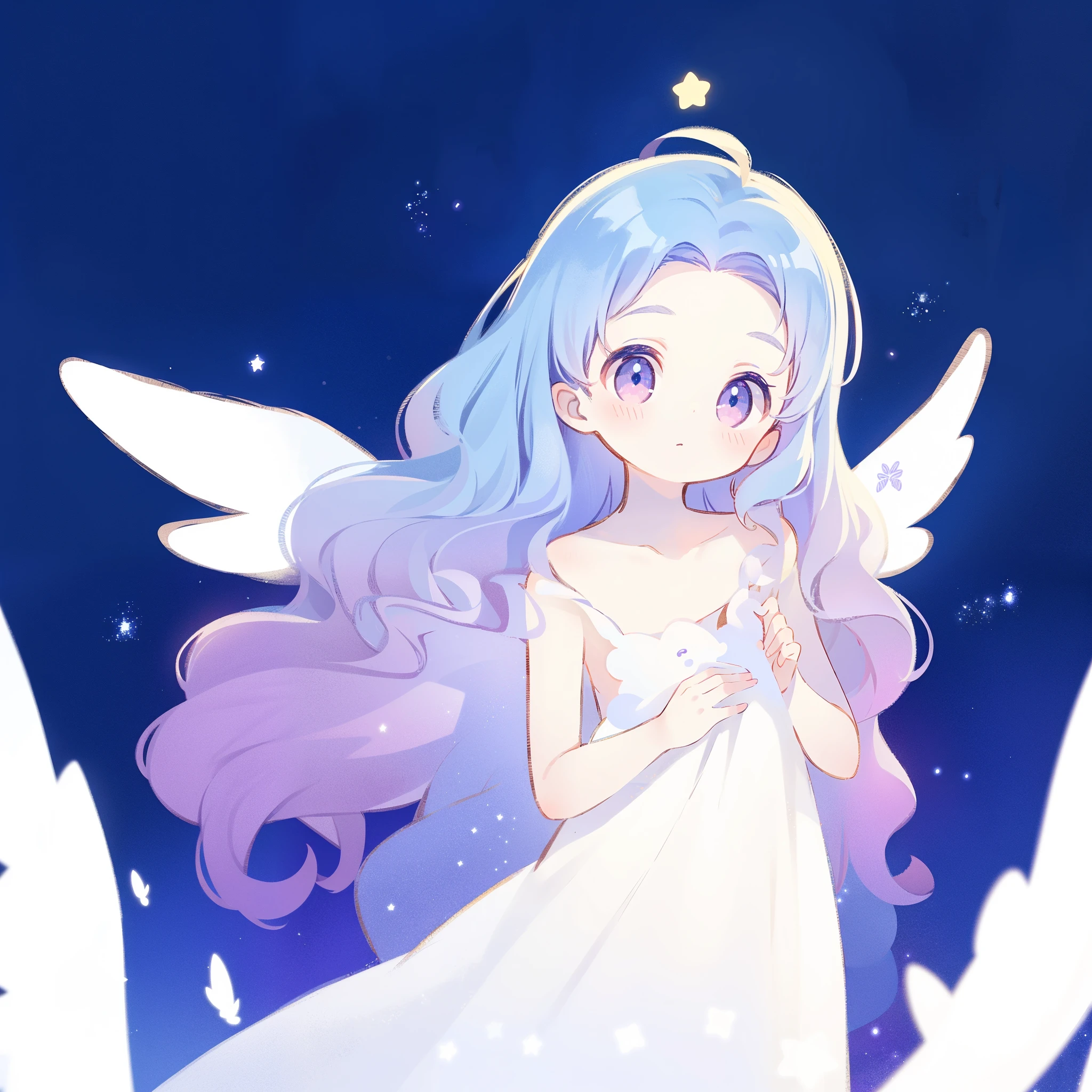 nude angel girl wearing an ethereal translucent dress, pale skin, ((wavy gradient blue purple hair)), white feathers, angel wings, sparkling detailed eyes, golden ratio face, perfect composition, highly detailed, ethereal, (starry night sky background), midjourney style