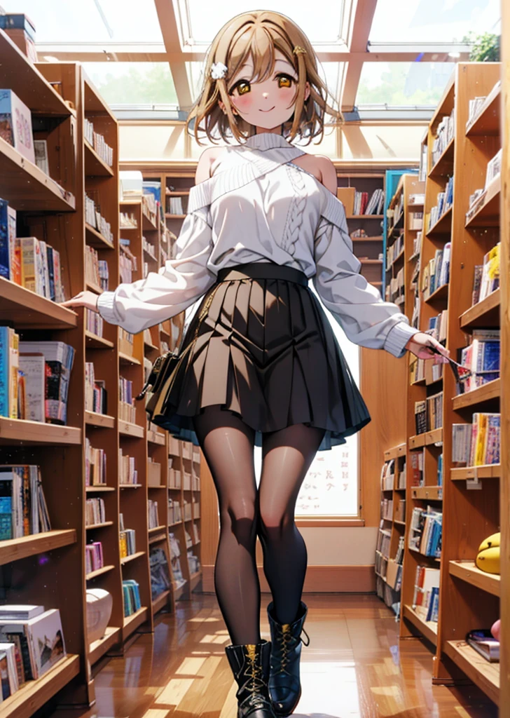 Hanamaru the kunikida, Brown Hair, happy smile,smile, Open your mouth,Yellow Eyes,Knitted hat,Glasses,One-shoulder sweater,Long skirt,Black pantyhose,short boots,Walking,Bookshelf,There is a lot piled up on the table,whole bodyがイラストに入るように,
break indoors, figure書館,
break looking at viewer, whole body,
break (masterpiece:1.2), Highest quality, High resolution, unity 8k wallpaper, (figure:0.8), (Beautiful attention to detail:1.6), Highly detailed face, Perfect lighting, Highly detailed CG, (Perfect hands, Perfect Anatomy),