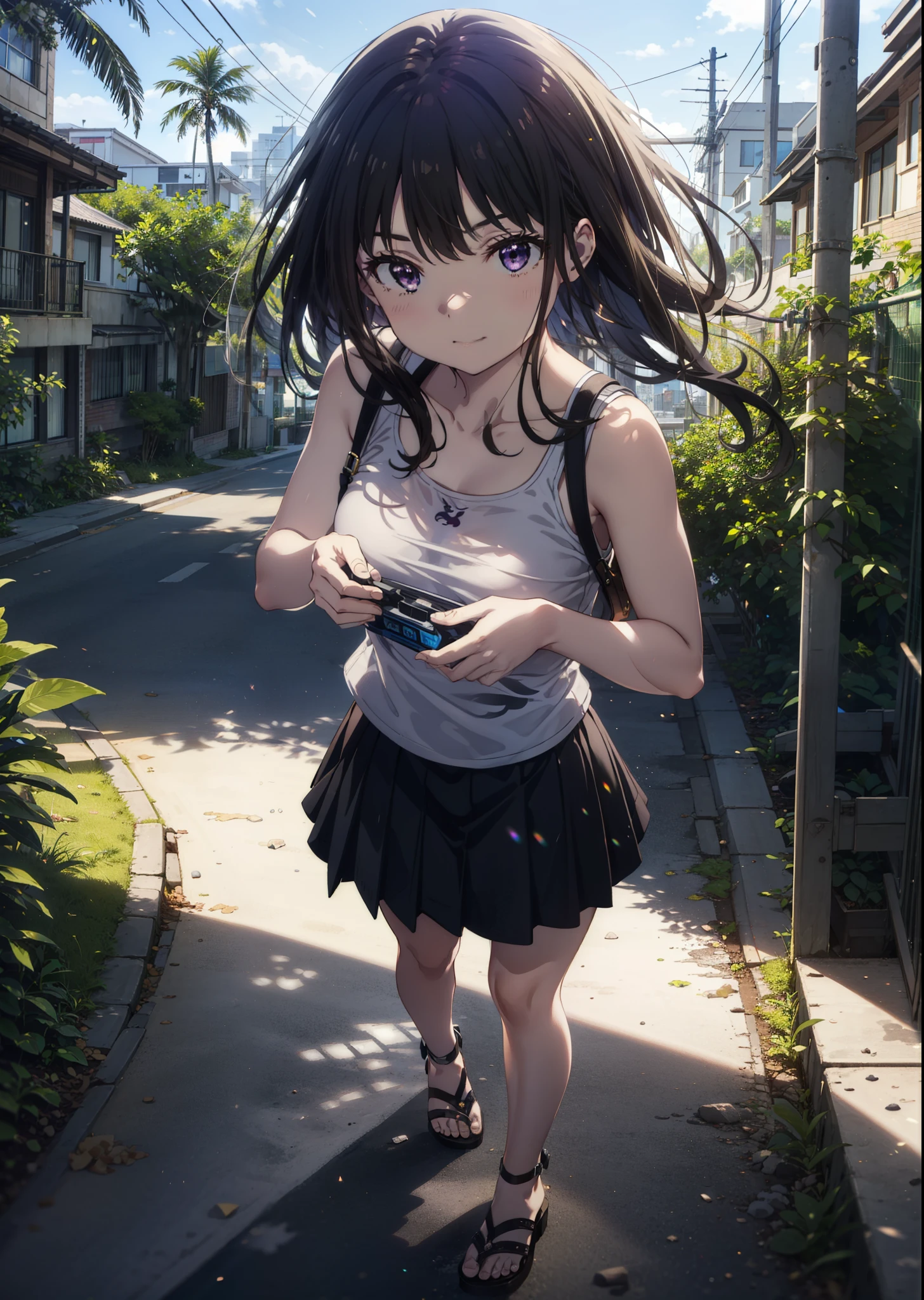 Takiuchikami, Long Hair, bangs, Black Hair, (Purple eyes:1.2),Blue Tank Top,White long skirt,Heeled Sandals,Daytime,Clear skies,Palm tree,Are standing,smile,Close your mouth,Walking,blush,whole bodyがイラストに入るように,
break outdoors, tropical,Tropical,Coastal Road,
break looking at viewer, whole body,
break (masterpiece:1.2), Highest quality, High resolution, unity 8k wallpaper, (figure:0.8), (Beautiful attention to detail:1.6), Highly detailed face, Perfect lighting, Highly detailed CG, (Perfect hands, Perfect Anatomy),
