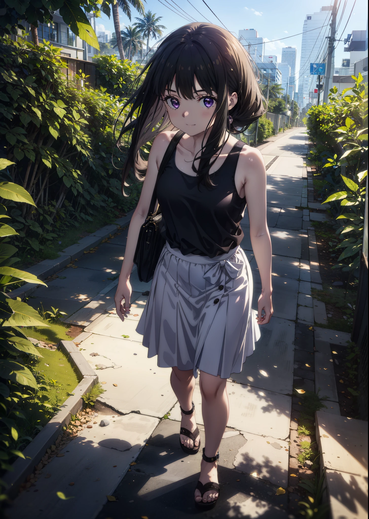Takiuchikami, Long Hair, bangs, Black Hair, (Purple eyes:1.2),Blue Tank Top,White long skirt,Heeled Sandals,Daytime,Clear skies,Palm tree,Are standing,smile,Close your mouth,Walking,blush,whole bodyがイラストに入るように,
break outdoors, tropical,Tropical,Coastal Road,
break looking at viewer, whole body,
break (masterpiece:1.2), Highest quality, High resolution, unity 8k wallpaper, (figure:0.8), (Beautiful attention to detail:1.6), Highly detailed face, Perfect lighting, Highly detailed CG, (Perfect hands, Perfect ),