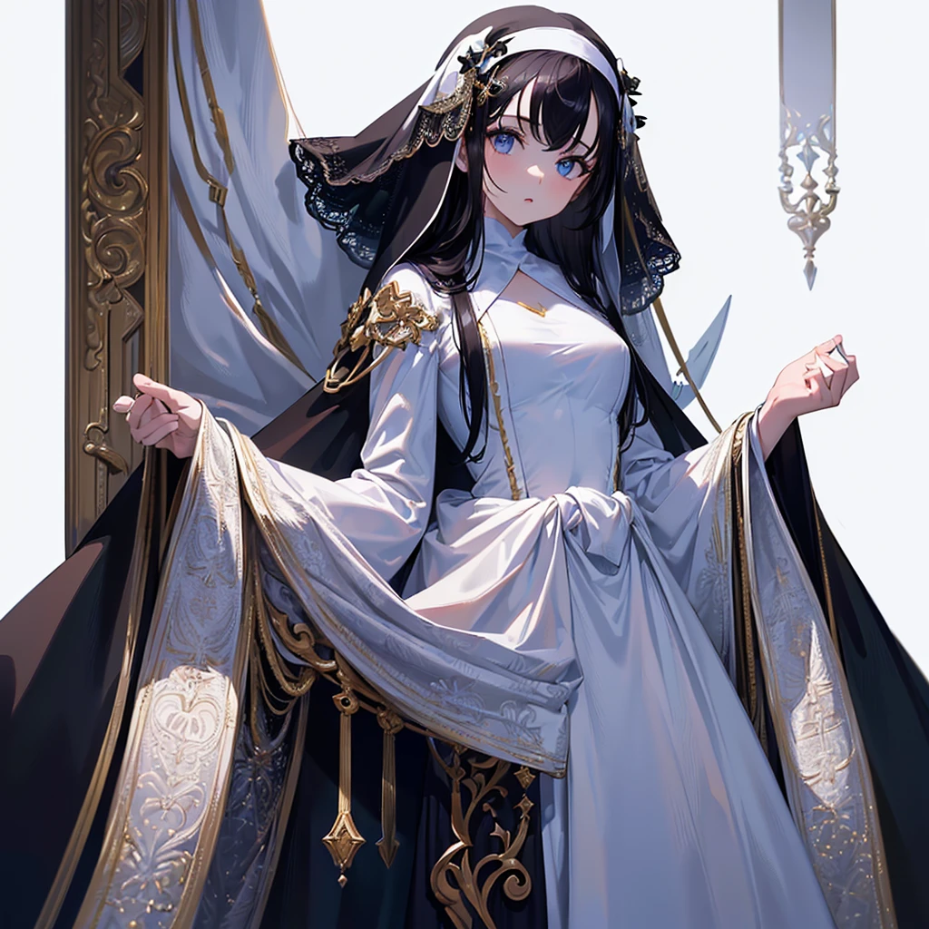 ((RAW Photos)), ((masterpiece)), (Sister's Costume,One person:1.5), (harf body,standing:1.2),Intricate details, View your viewers, beautiful, Fine eyes and lips,White background,Fantasy,Perfect Face, (1 girl,White background:1.3),Clear skin,Long black hair,Nun's Hood,Fantasy,pretty girl,beautiful表情,Detailed facial expressions,Decoration on the chest