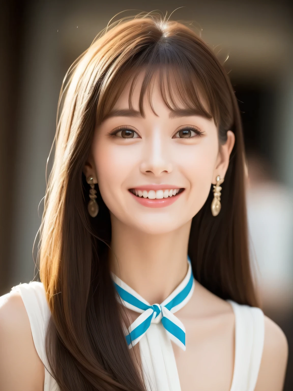 Show me a woman who will surprise everyone.、Women like Audrey Hepburn、Looks like Grace Kelly、Eat a parfait at a cafe、（Antique cafe with a retro atmosphere）、（Enjoy a delicious fruit parfait to perfection.、Close-fitting orange striped one-piece suit、The collar should be a little more open、Looking up from the waist、Semi-long hair、Hair is straight、Has a very happy face、Staring straight ahead with a bright smile、Arms crossed、lips slightly pointed.、Bangs slightly messed up by the wind、Looking up from below、Soft Backlight、Earrings、