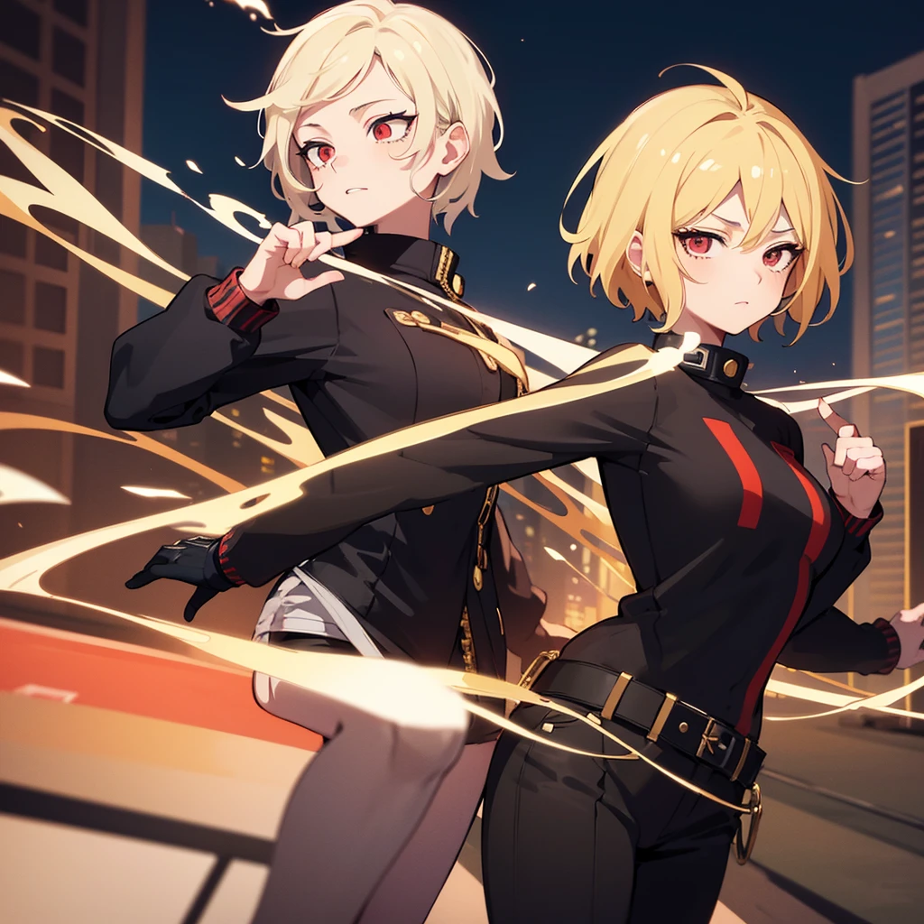 realisticlying、女の子 1 人、a blond、bob cuts、Red ribbons、radiant eyes、Colossal tits、Leather suit, leather pant、Shooting from behind, Open your crotch wide, Hands on the buttocks