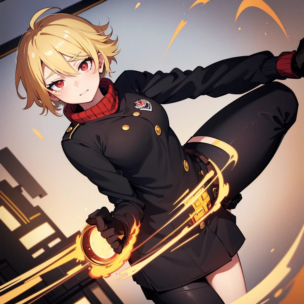 masterpiece, high quality, perfect face, high texture, 1 girl, 1 person, cheered up, My Hero Academia, short blonde hair, Red eyes, timide way, black sweater, Black pants, background of a city 