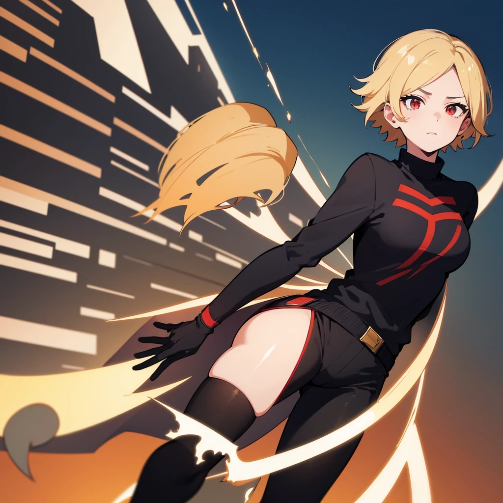 masterpiece, high quality, perfect face, high texture, 1 girl, 1 person, cheered up, My Hero Academia, short blonde hair, Red eyes, timide way, black sweater, Black pants, background of a city 