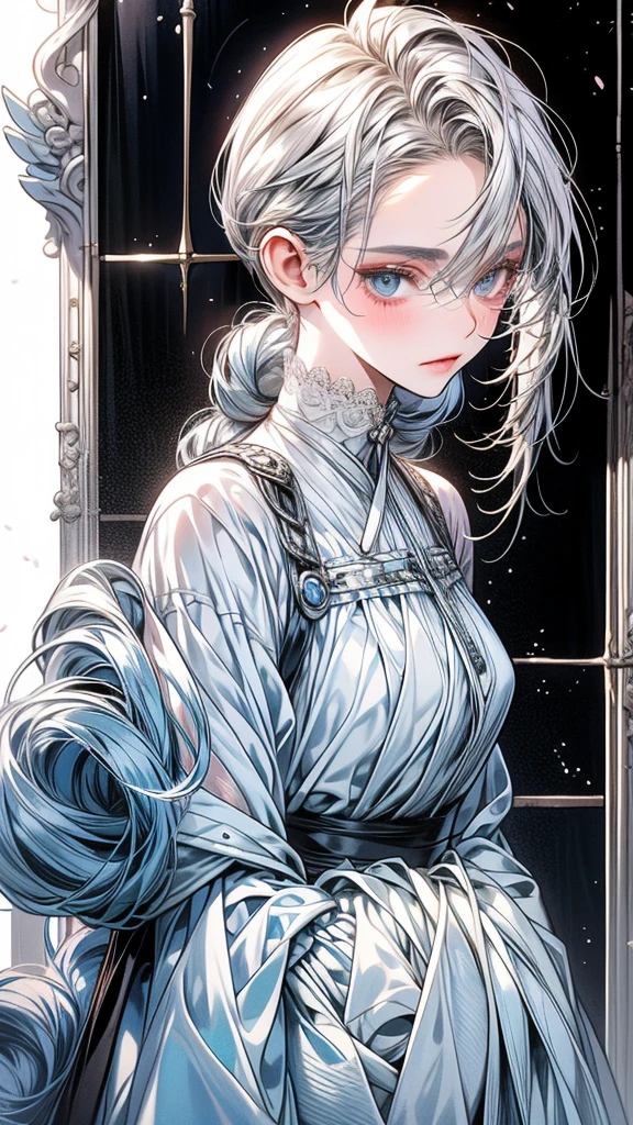 One Beautiful girl、unique long hairstyle 、 silver hair color , blue eyes、small face、anime makeup、"A girl with a cute and androgynous face"、white skin、cute eyes、Very thin eyebrows、plump body, mature woman, big breasts, sexy, tall, knights outfit , outfits 、、19 years old、British girl、Has a languid look、anger、Lower the corners of your mouth with no expression on your face、Photographed from the side diagonally、model photoshoot、masterpiece、highest quality、high resolution、luxurious 、glaring expression、korean makeup 、Cool photos、blurred black filter, arms tattoos、Various poses、
