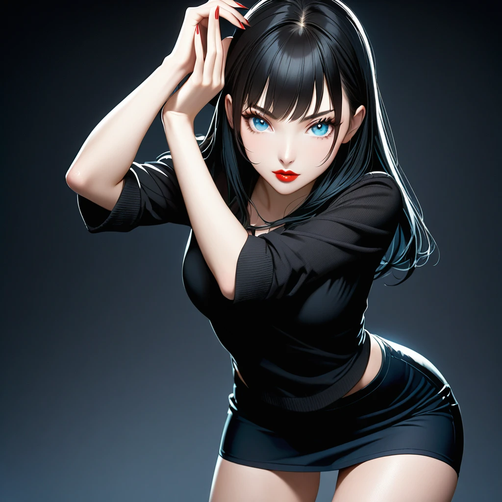 pose. Woman fine face, Red lips, long black hair, Blue-eyed, wearing short black miniskirt.