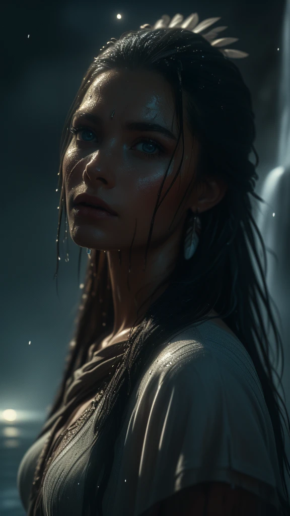 (((ultra realistic))), ((ultra-detailed face and eyes: 1.3)) ,(native girl), with very long thick hair, (feathers in hair), ((few clothes)) , ((indigenous clothing)) , slender body, (wet skin and clothes) , Near the waterfall, rain, mysterious dark atmosphere (In the moonlight, night, shadow), contrasting, ((ultra-detailed)), ((Skin detailing)), (scene from a movie about ancient people), (Dark color scheme) 