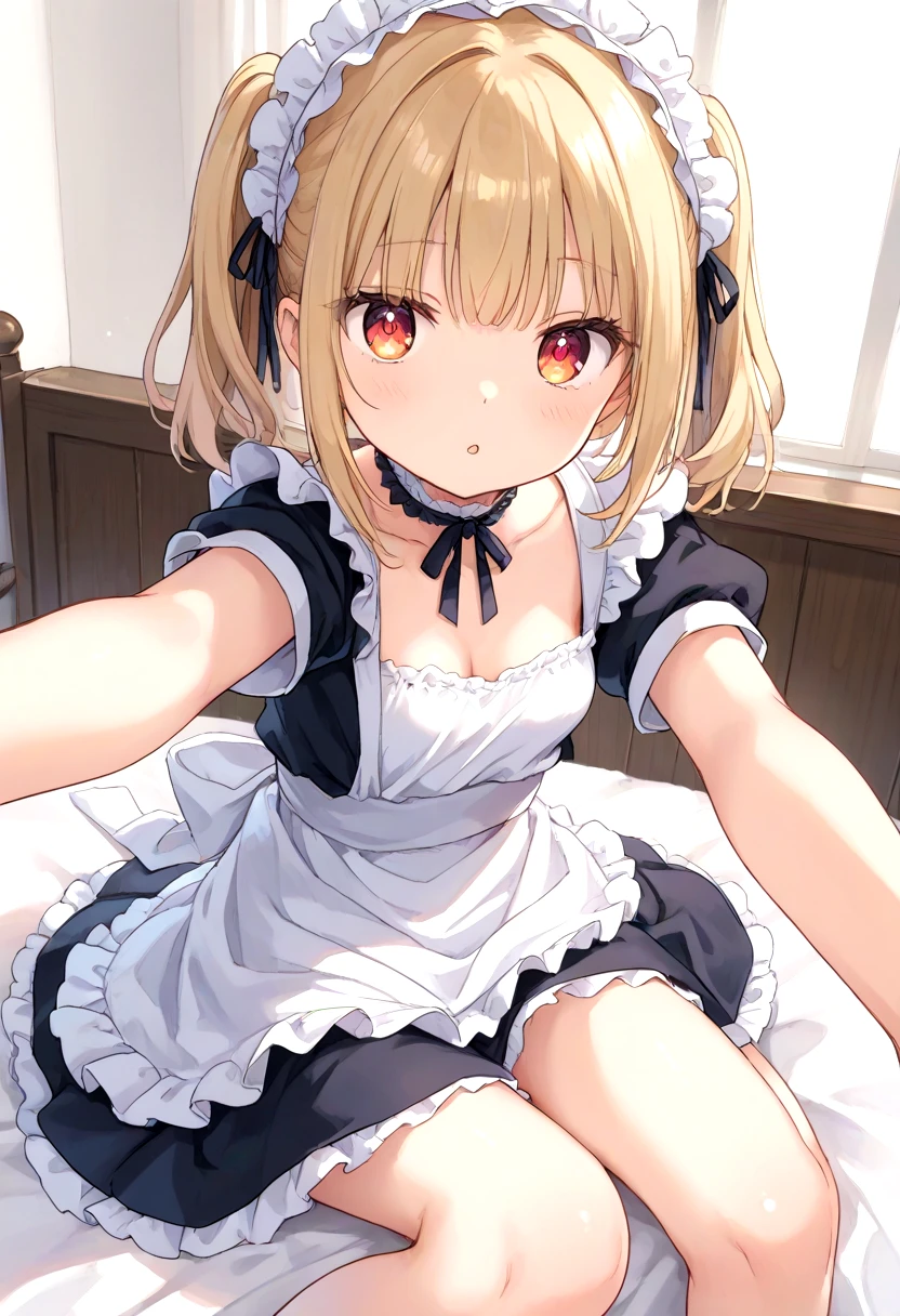 score_9, 1girl, cleavage, clothes lift, small breasts, sitting, on side, maid, maid suits, skinny, looking at viewer, parted lips, detailed eyes, shiny eyes, selfie, reaching out