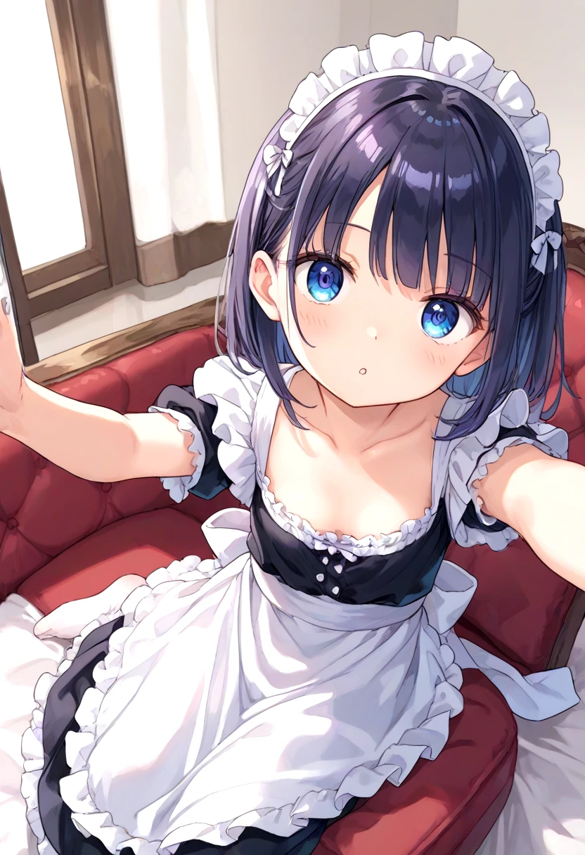 score_9, 1girl, cleavage, clothes lift, small breasts, sitting, on side, maid, maid suits, skinny, looking at viewer, parted lips, detailed eyes, shiny eyes, selfie, reaching out