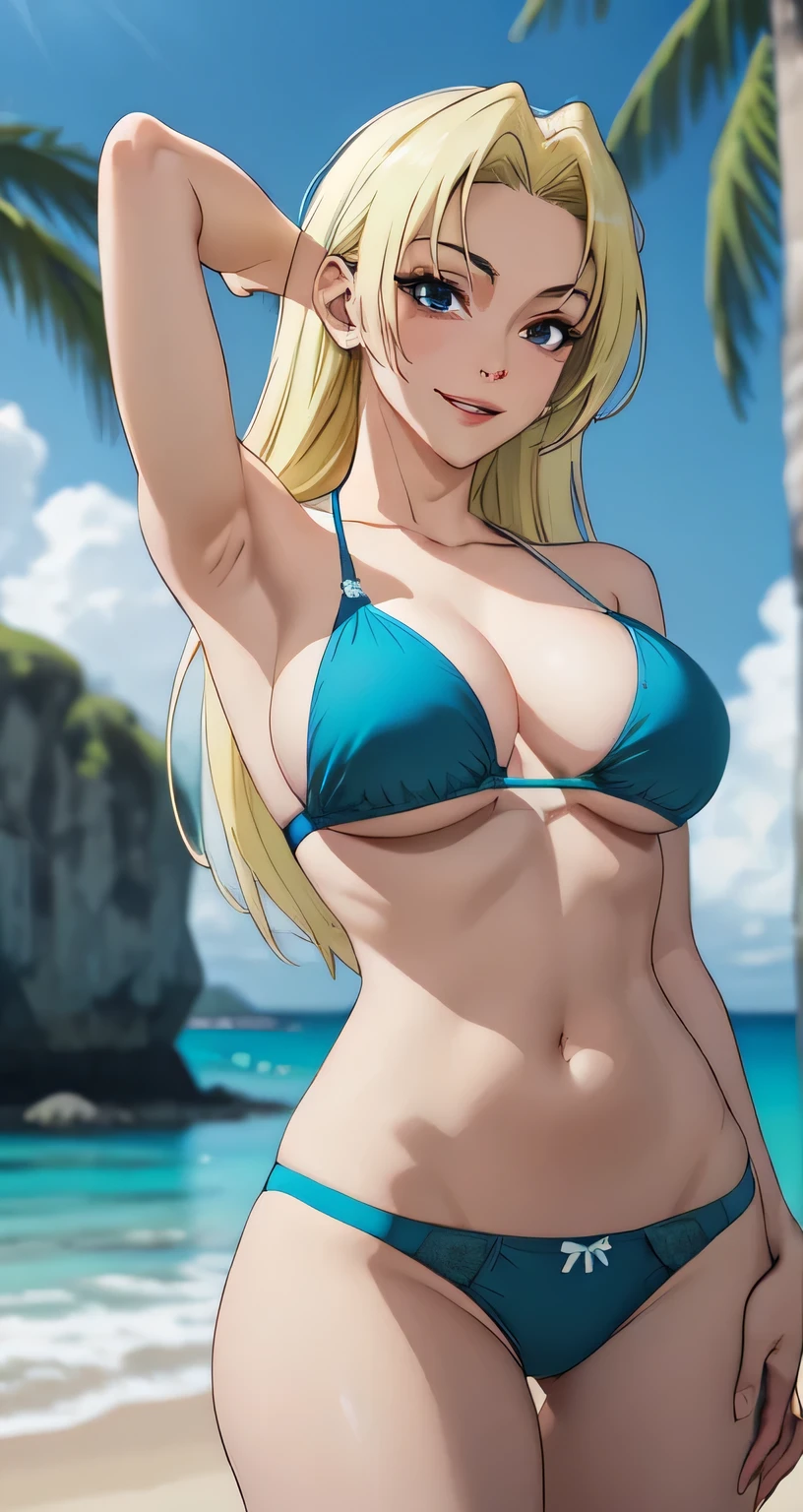 YukiTsukumo, 1girl, AS-Adult, blonde, long hair, female focus, solo, 1girl, solo, breasts, looking_at_viewer, smile, large_breasts, cleavage, bare_shoulders, collarbone, standing, hands behind head, thick thighs, thong underwear, from_below, breasts, large breasts, big breasts, huge breasts, big tits, giant breasts, small bikini, bikini, blue bikini, bare shoulders, bare arms, beach, ocean, underboob, island background, high resolution, beautiful eyes, high quality