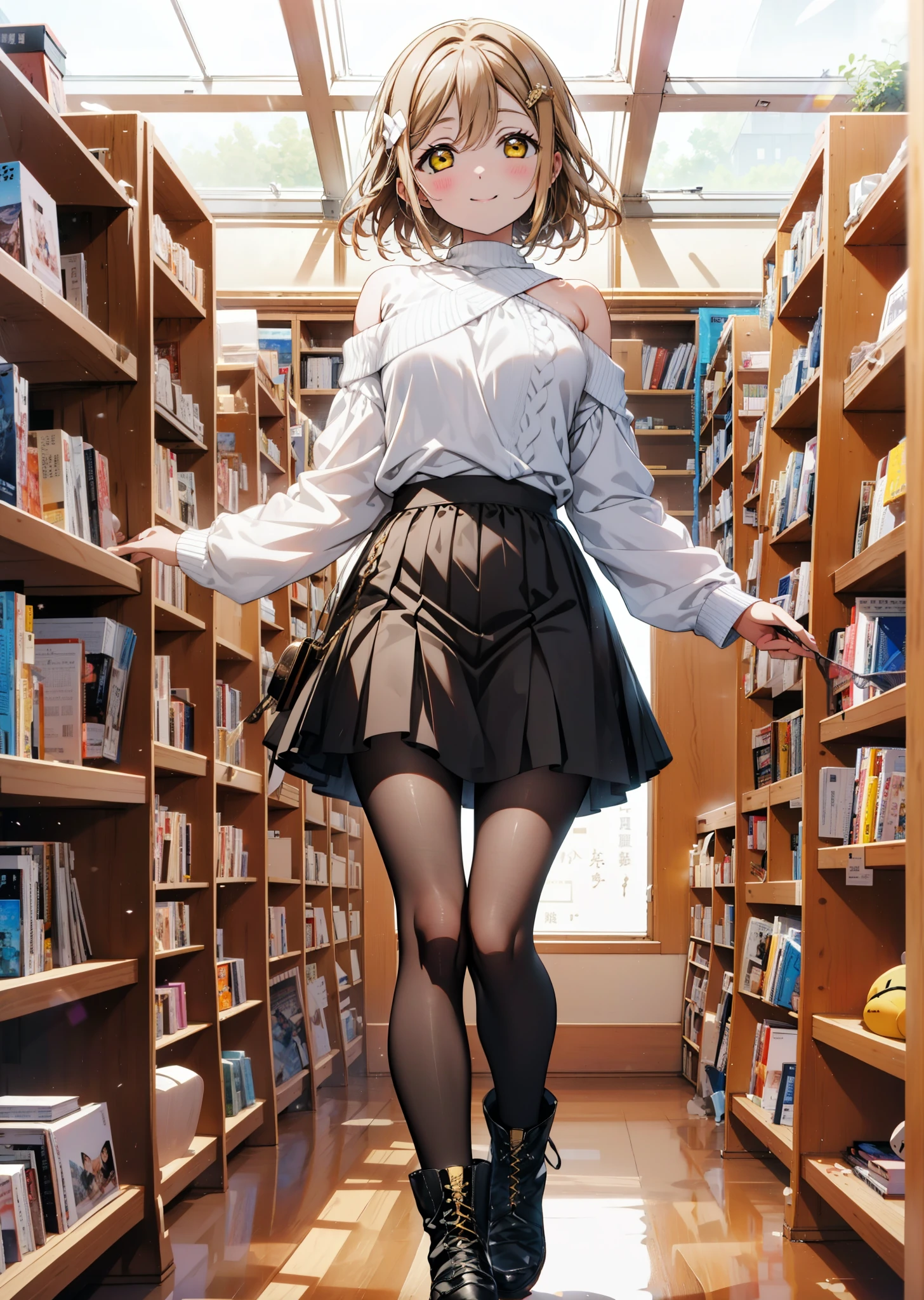  Hanamaru the kunikida, Brown Hair, happy smile,smile, Open your mouth,Yellow Eyes,Knitted hat,Glasses,One-shoulder sweater,Long skirt,Black pantyhose,short boots,Walking,Bookshelf,There is a lot piled up on the table,whole bodyがイラストに入るように,
break indoors, figure書館,
break looking at viewer, whole body,
break (masterpiece:1.2), Highest quality, High resolution, unity 8k wallpaper, (figure:0.8), (Beautiful attention to detail:1.6), Highly detailed face, Perfect lighting, Highly detailed CG, (Perfect hands, Perfect Anatomy),