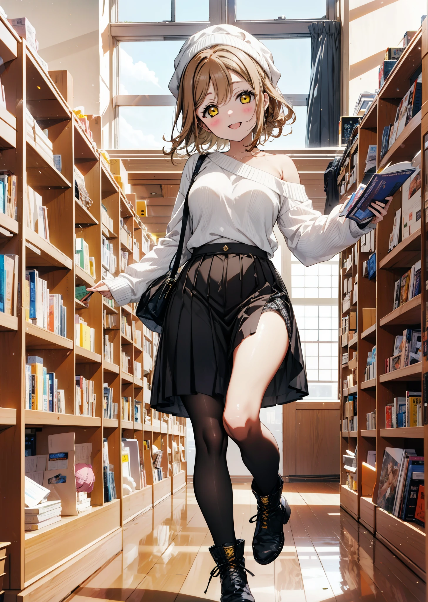  Hanamaru the kunikida, Brown Hair, happy smile,smile, Open your mouth,Yellow Eyes,Knitted hat,Glasses,One-shoulder sweater,Long skirt,Black pantyhose,short boots,Walking,Bookshelf,There is a lot piled up on the table,whole bodyがイラストに入るように,
break indoors, figure書館,
break looking at viewer, whole body,
break (masterpiece:1.2), Highest quality, High resolution, unity 8k wallpaper, (figure:0.8), (Beautiful attention to detail:1.6), Highly detailed face, Perfect lighting, Highly detailed CG, (Perfect hands, Perfect Anatomy),