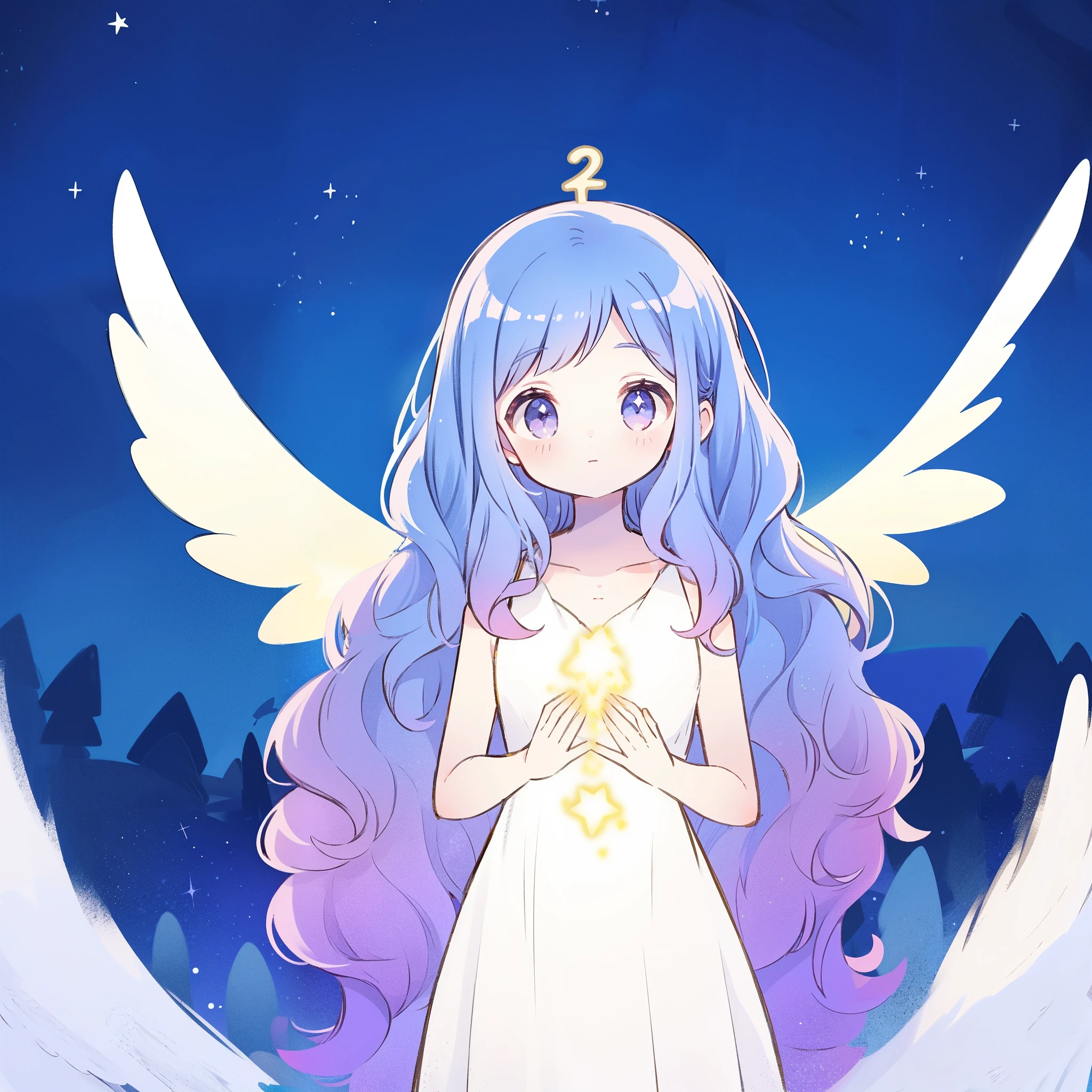 nude angel girl wearing an ethereal translucent dress, pale skin, ((wavy gradient blue purple hair)), white feathers, angel wings, sparkling detailed eyes, golden ratio face, perfect composition, highly detailed, ethereal, (starry night sky background), midjourney style